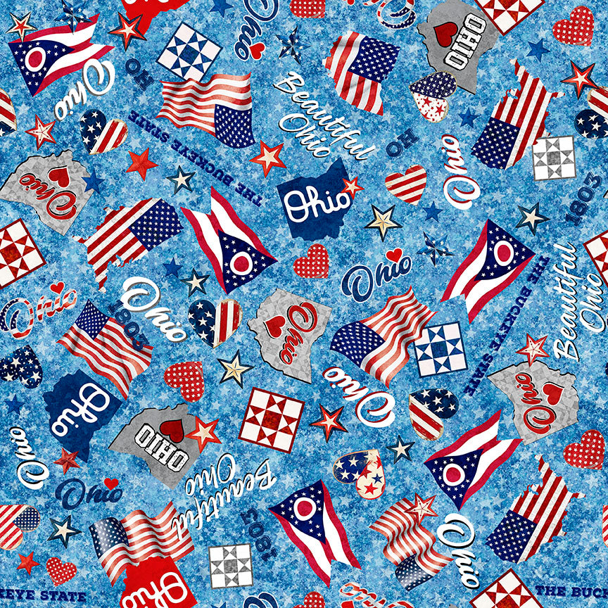 2025 All Ohio Shop Hop Fabric - Ohio Patriotic Toss Blue