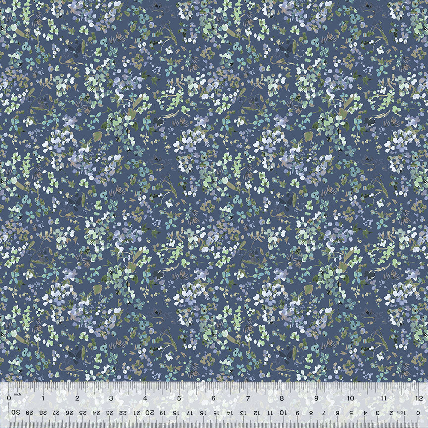 A fabric featuring a blue floral pattern with a thistle design, part of the Kelly Ventura Floret collection.
