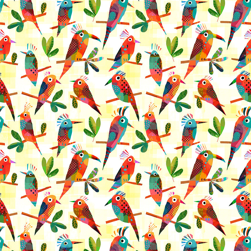 A repeating seamless pattern of colorful stylized birds perched on branches with green leaves, set against a pale yellow background.