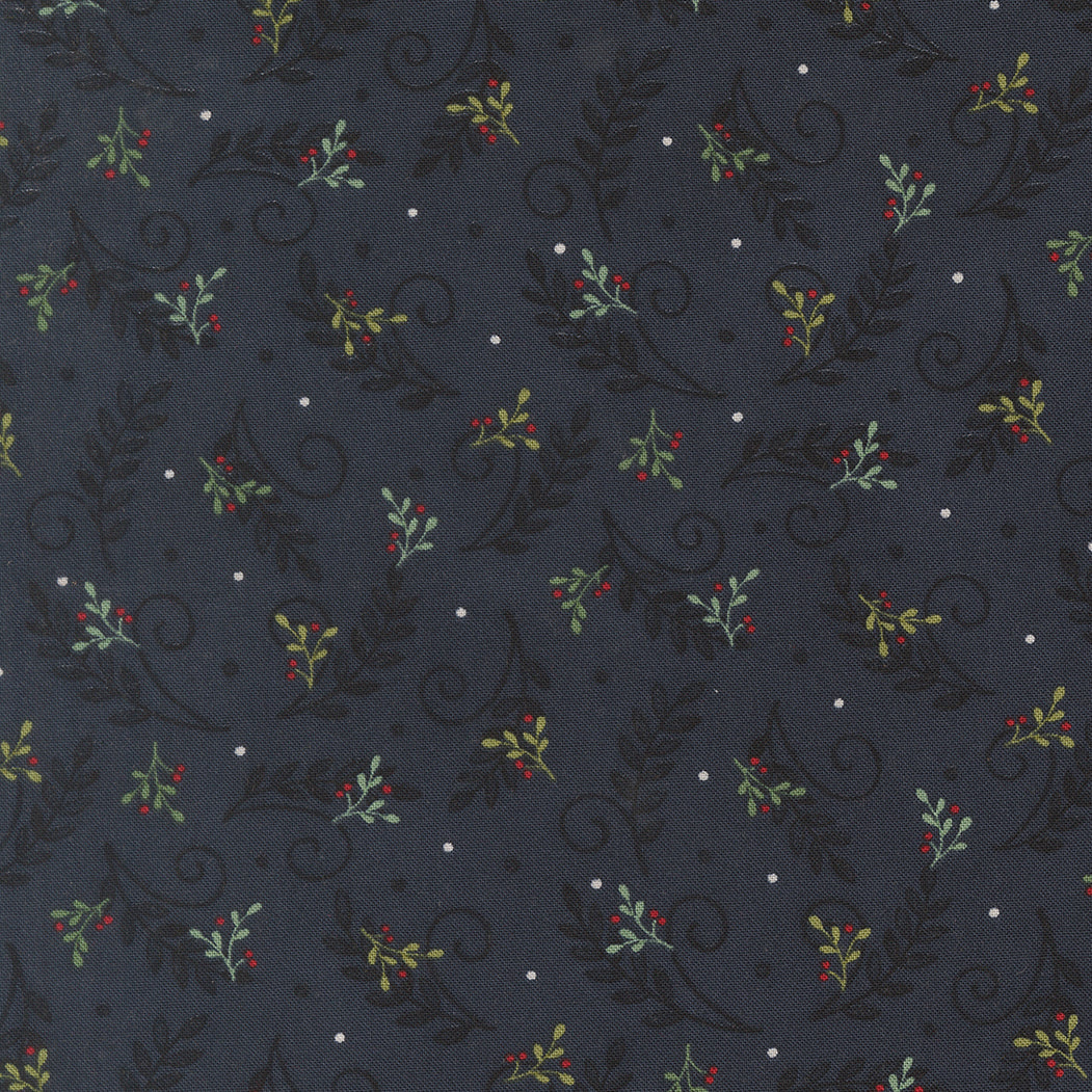 Navy blue fabric with Christmas-themed pattern featuring leaves, berries, and swirls.