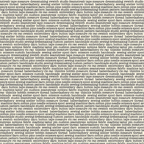 fabric with sewing themed words in typewriter font on cream background