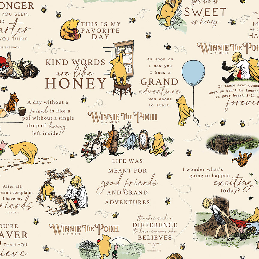 Winnie the Pooh fabric with characters and text on a white background