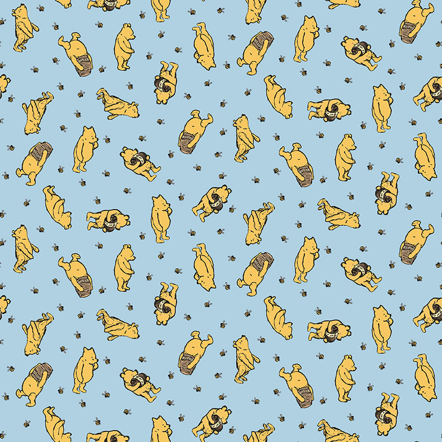 Pattern of a yellow bear character on a blue background