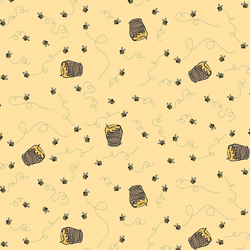 Pattern of bees and honeycomb on a beige background