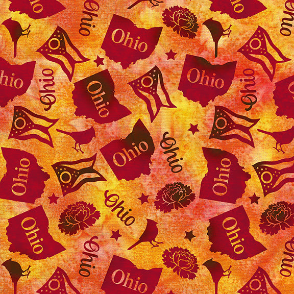 2026 All Ohio Shop Hop Fabric - Tossed Ohio Multi Yellow/Red