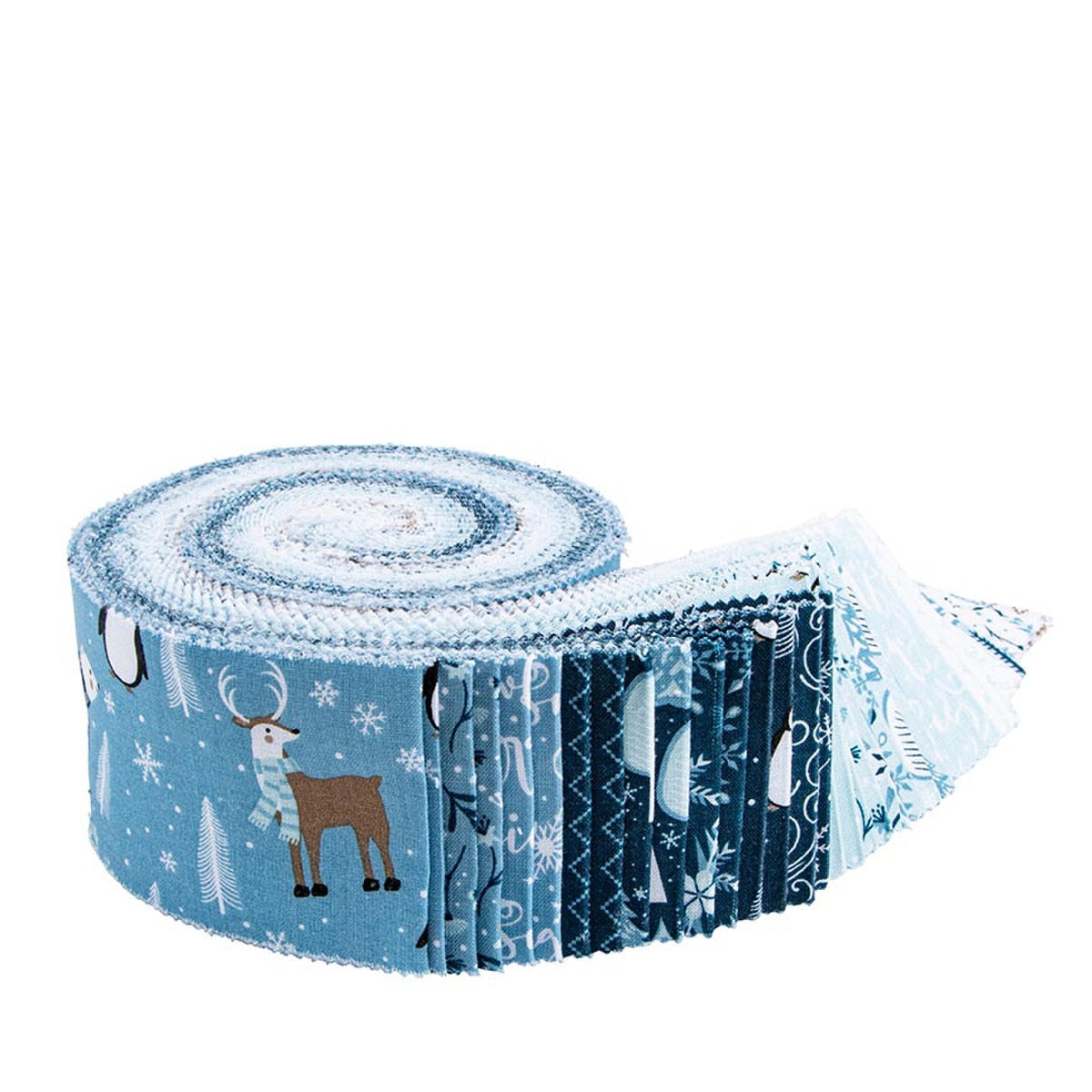 Roll of fabric with winter-themed design featuring reindeer and snowflakes on a blue background.