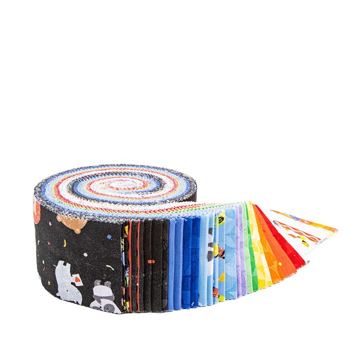 Roll of colorful fabric with various patterns on a white background