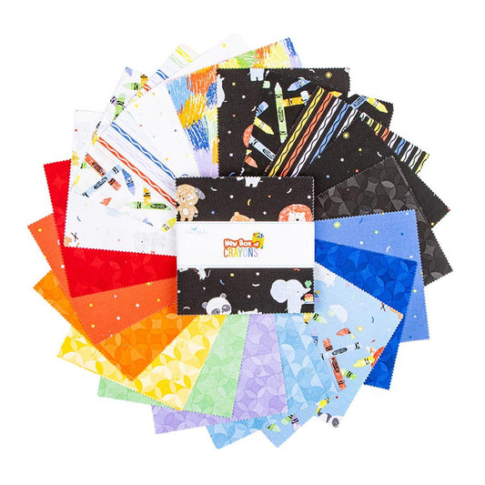 Collection of colorful fabric squares with a brand label on a white background