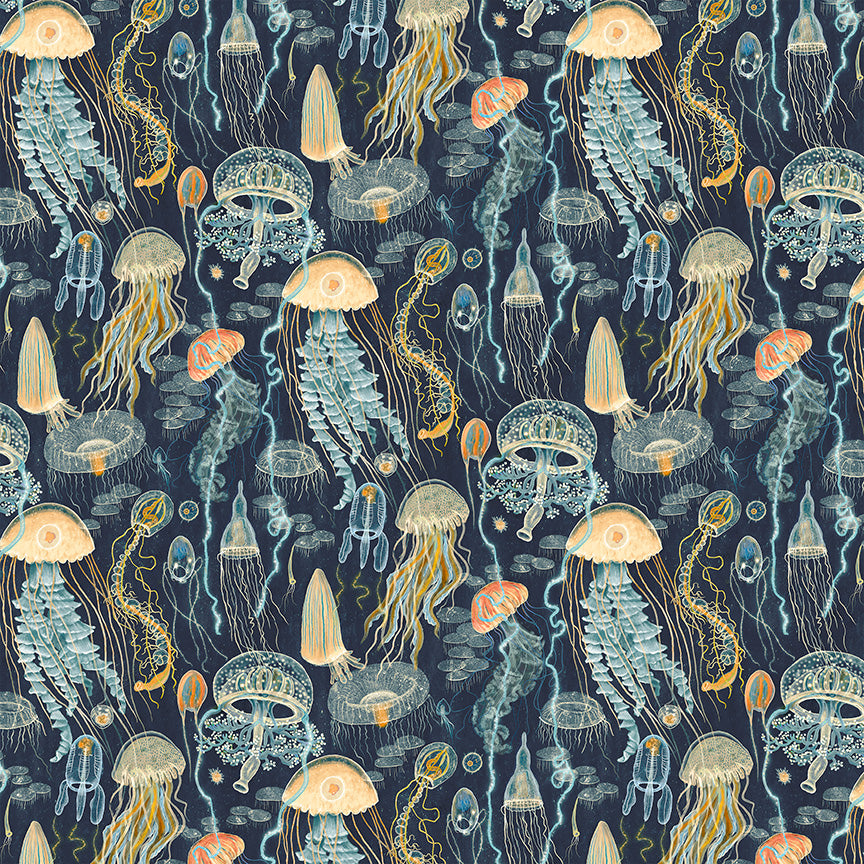 Pattern of jellyfish illustrations on a dark blue background