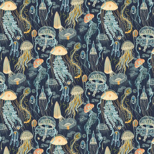 Pattern of jellyfish illustrations on a dark blue background