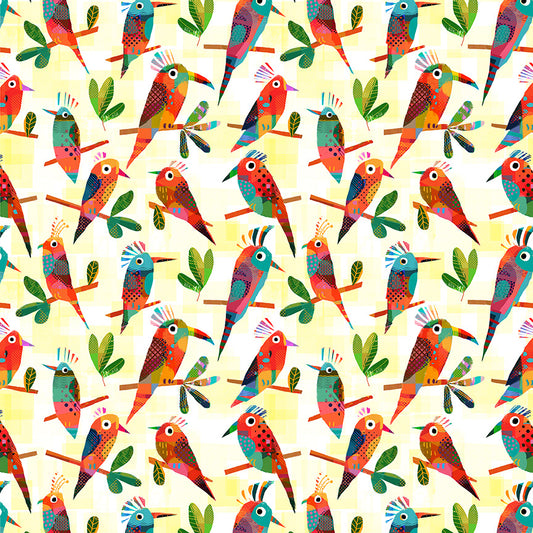 A repeating seamless pattern of colorful stylized birds perched on branches with green leaves, set against a pale yellow background.