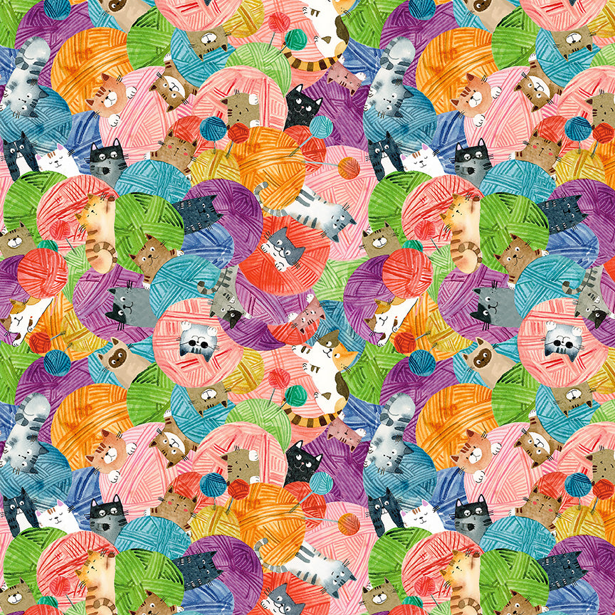 Pattern of cats with yarn balls in various colors