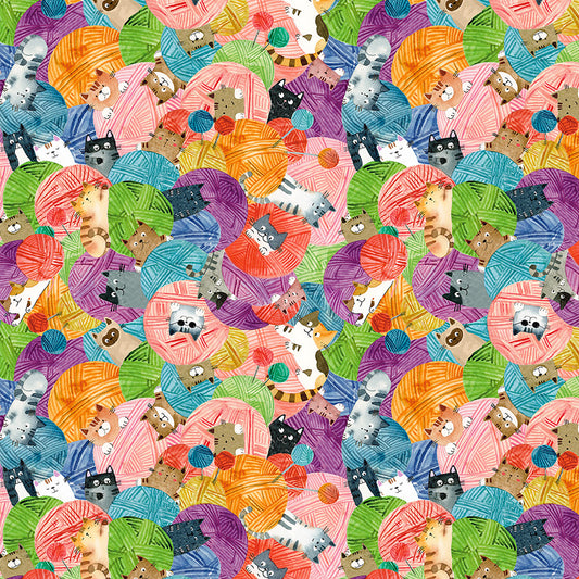 Pattern of cats with yarn balls in various colors