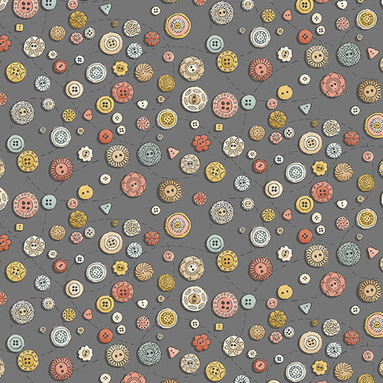 Pattern of colorful buttons on a gray background