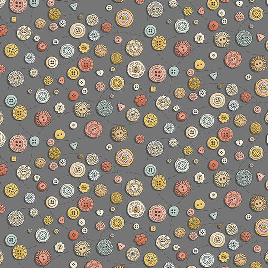 Pattern of colorful buttons on a gray background