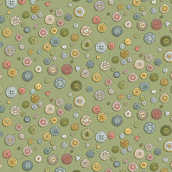 Pattern of colorful buttons on a green background