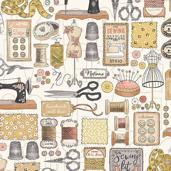 fabric with sewing notions on cream