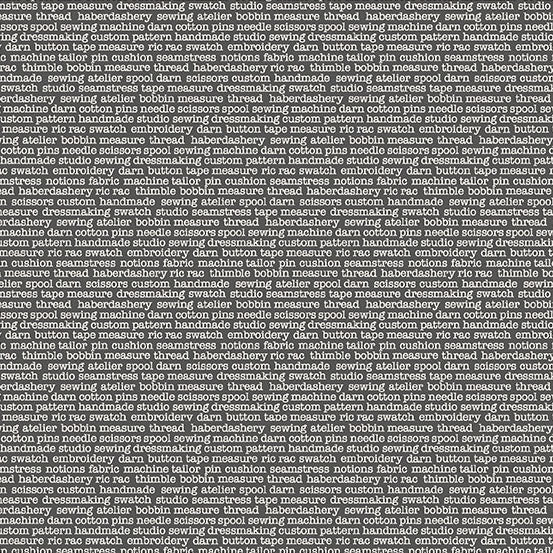 Text pattern on a fabric background with sewing-related terms.