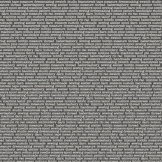 Text pattern on a fabric background with sewing-related terms.