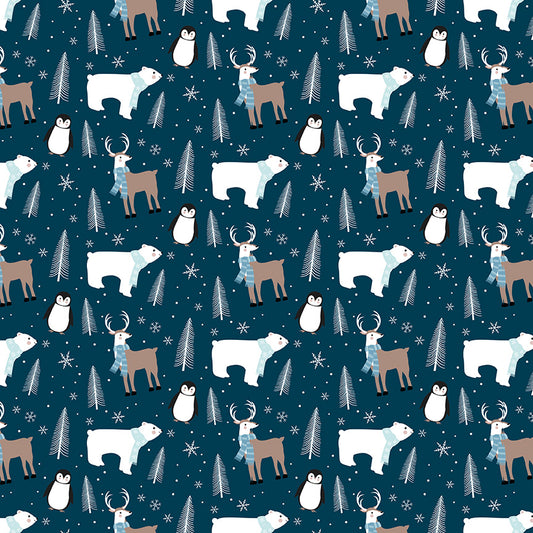 Pattern of polar bears, penguins, and reindeer on a blue background with trees and snowflakes.