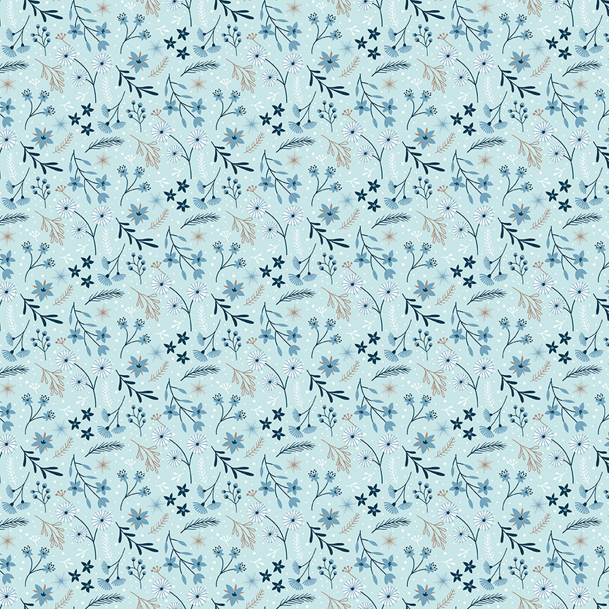 Pattern of small blue flowers and leaves on a light blue background