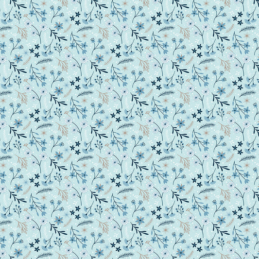 Pattern of small blue flowers and leaves on a light blue background