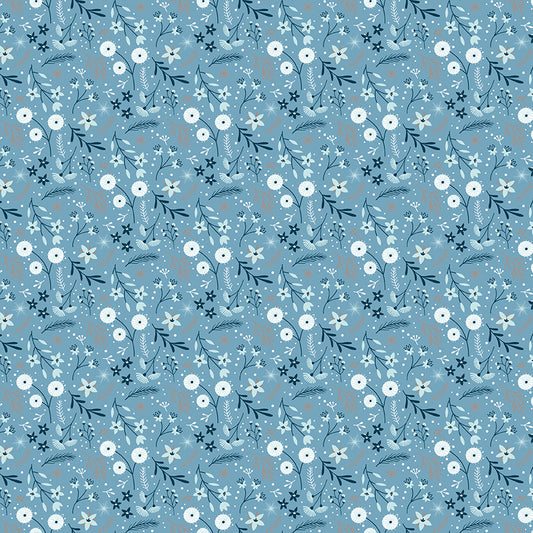 Floral pattern with white flowers and green leaves on a blue background
