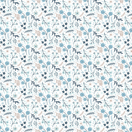 Floral pattern with blue and black flowers on a white background