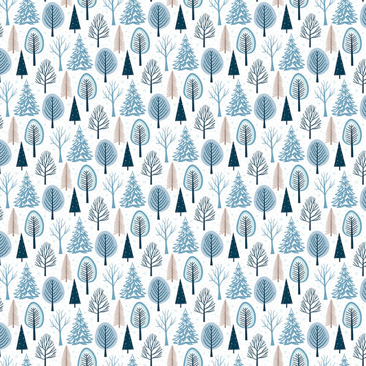 Pattern of stylized trees in blue, green, and brown on a white background