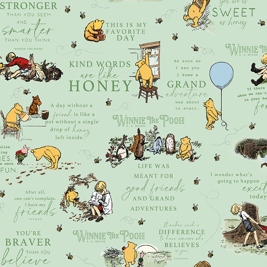 Winnie the Pooh fabric with characters and quotes on a light green background