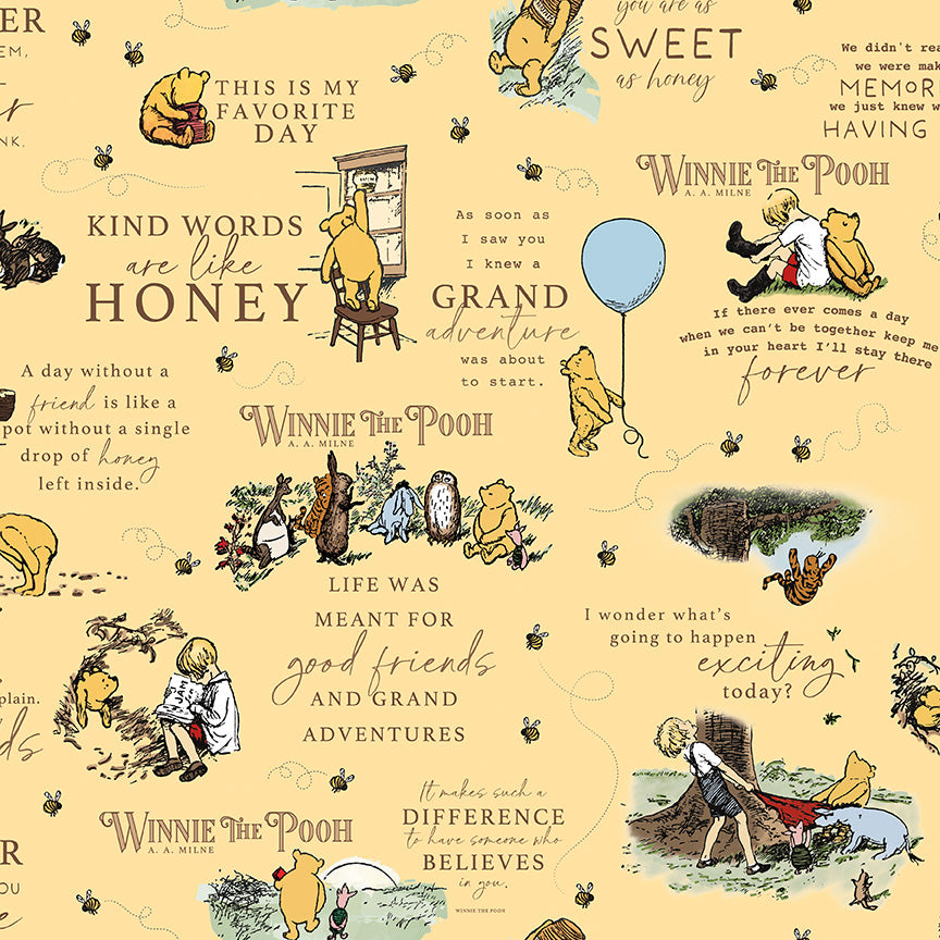 Winnie the Pooh fabric with quotes and illustrations on a yellow background