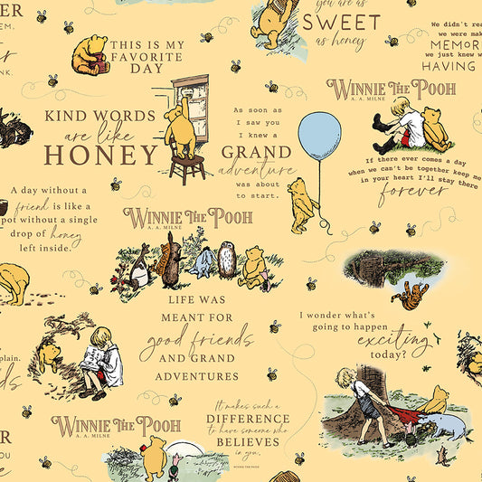 Winnie the Pooh fabric with quotes and illustrations on a yellow background