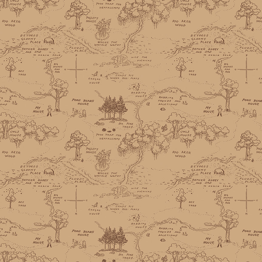 Illustrated map with trees, paths, and text on a brown background