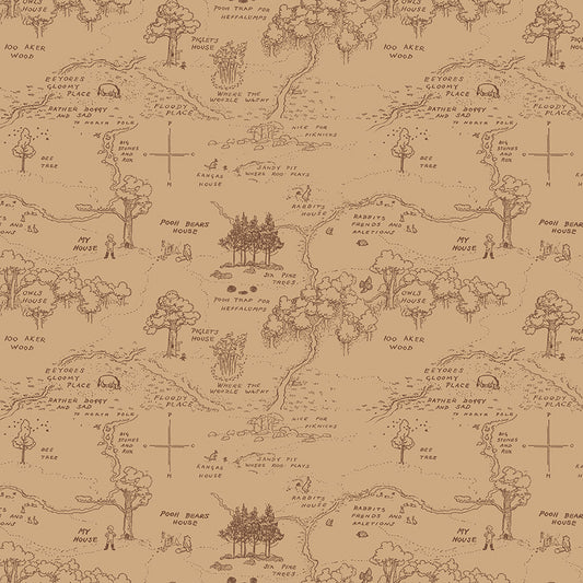 Illustrated map with trees, paths, and text on a brown background