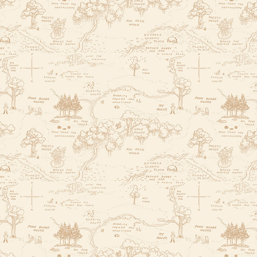 Patterned wallpaper with illustrations of trees, houses, and landscapes on a beige background.