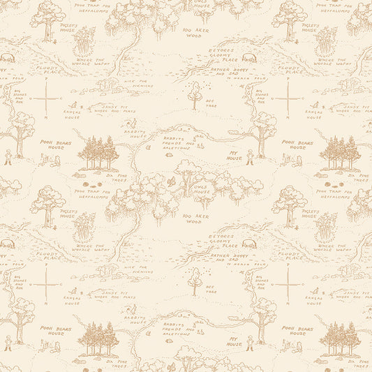 Patterned wallpaper with illustrations of trees, houses, and landscapes on a beige background.