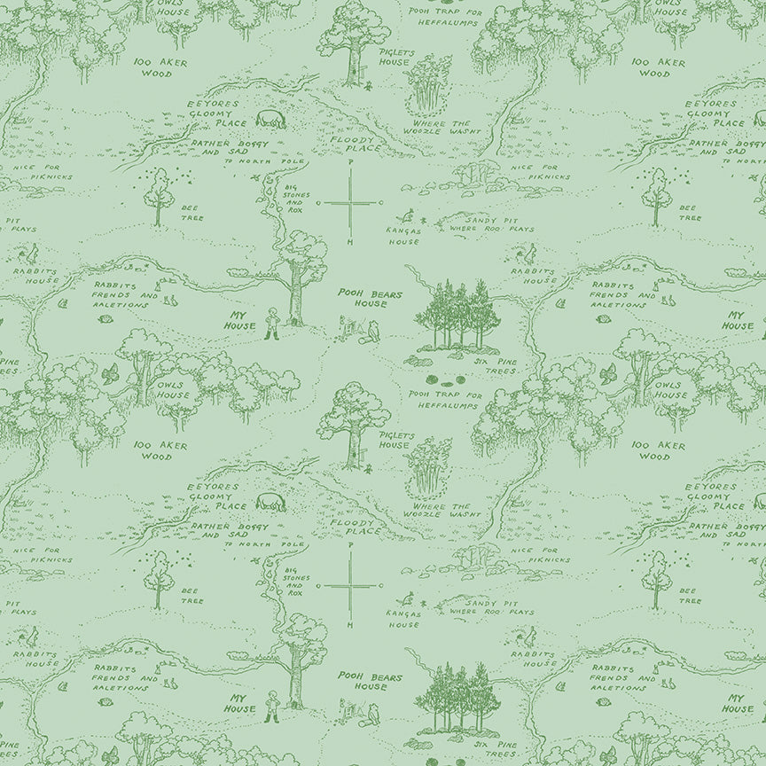 Green patterned wallpaper with illustrations of trees, houses, and text on a light green background.