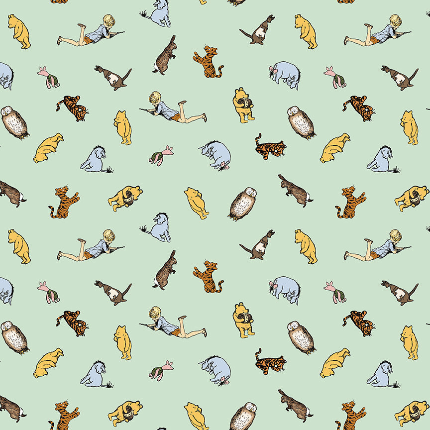 Pattern of cartoon characters on a light green background