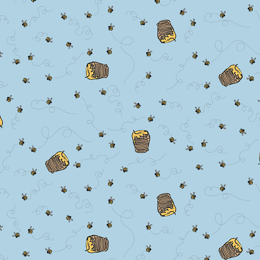 Pattern of bees and beehives on a light blue background