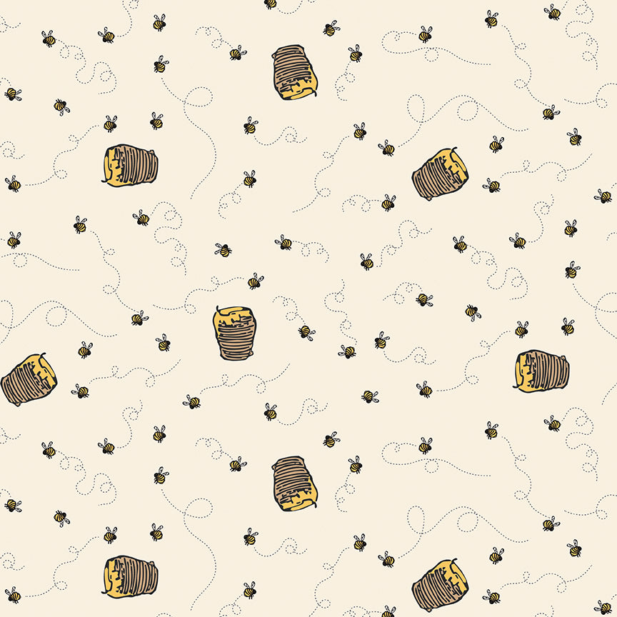 Pattern of bees and honeycomb on a beige background