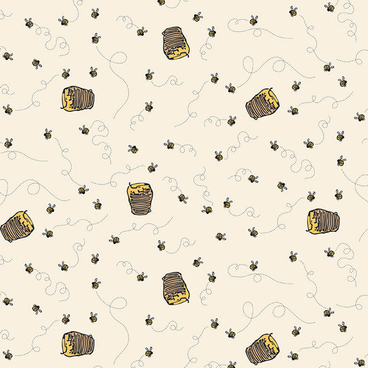 Pattern of bees and honeycomb on a beige background