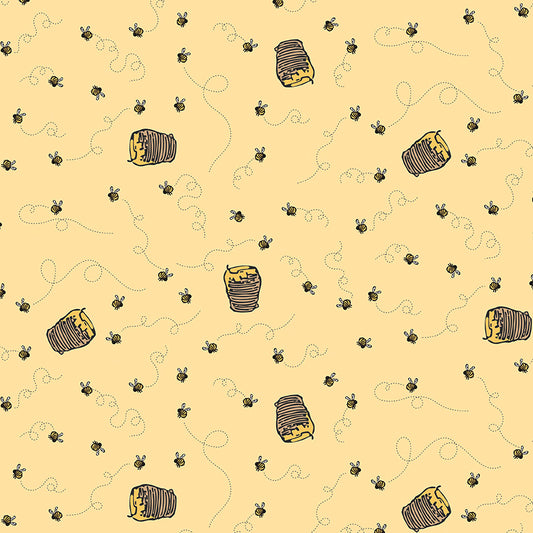 Pattern of bees and honeycomb on a beige background