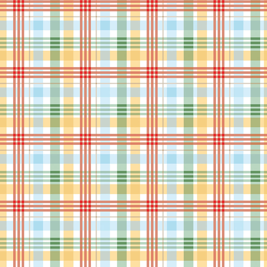 Plaid pattern with red, yellow, green, and blue colors on a white background