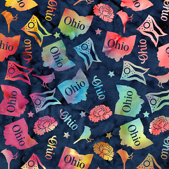 2026 All Ohio Shop Hop Fabric - Tossed Ohio Multi Blue/Rainbow