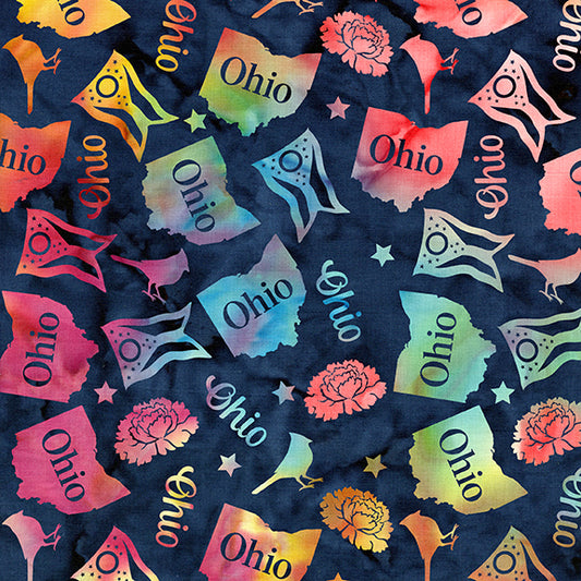 2026 All Ohio Shop Hop Fabric - Tossed Ohio Multi Blue/Rainbow