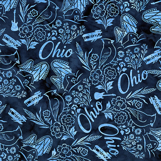 2026 All Ohio Shop Hop Fabric - Ohio Symbols Blue/Navy