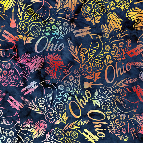 2026 All Ohio Shop Hop Fabric - Ohio Symbols Multi Blue/Rainbow