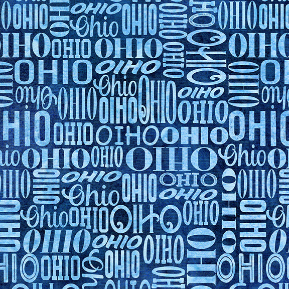 2026 All Ohio Shop Hop Fabric - Ohio Words Blue Cornflower