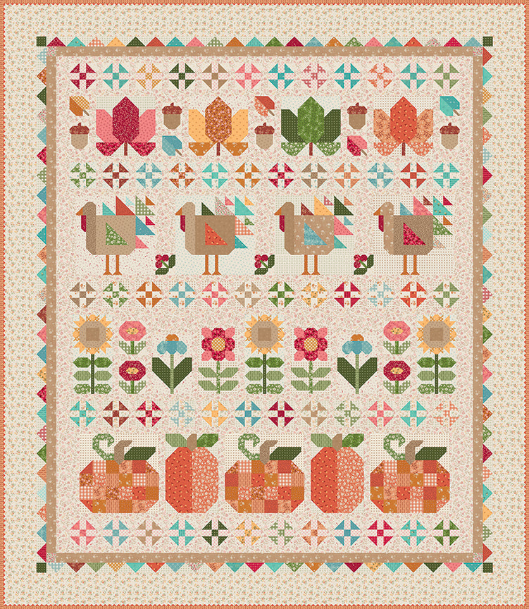 Colorful quilt with geometric patterns of flowers, pumpkins, and turkeys on a beige background.