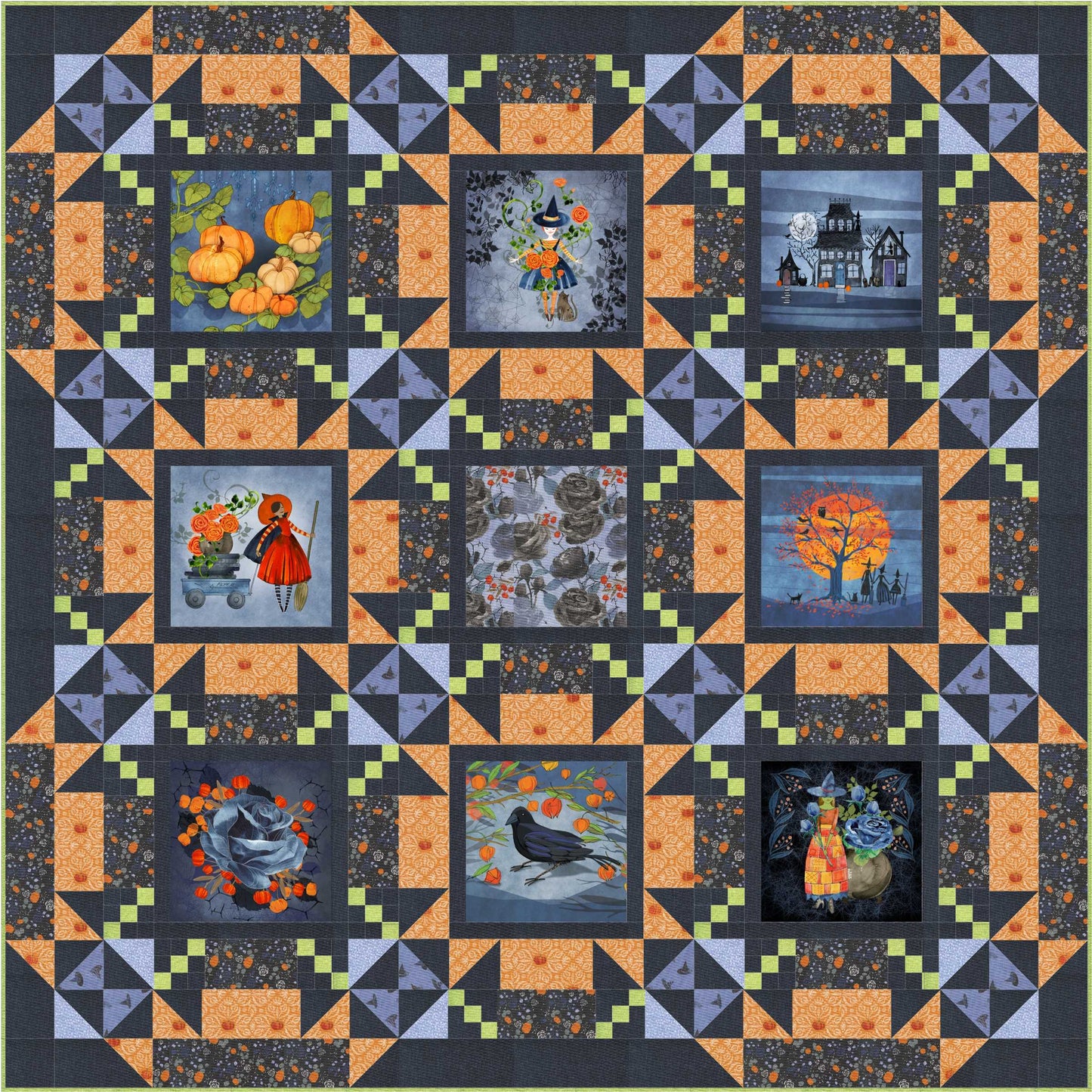 Quilt with Halloween-themed blocks featuring pumpkins, and cats on a dark background.